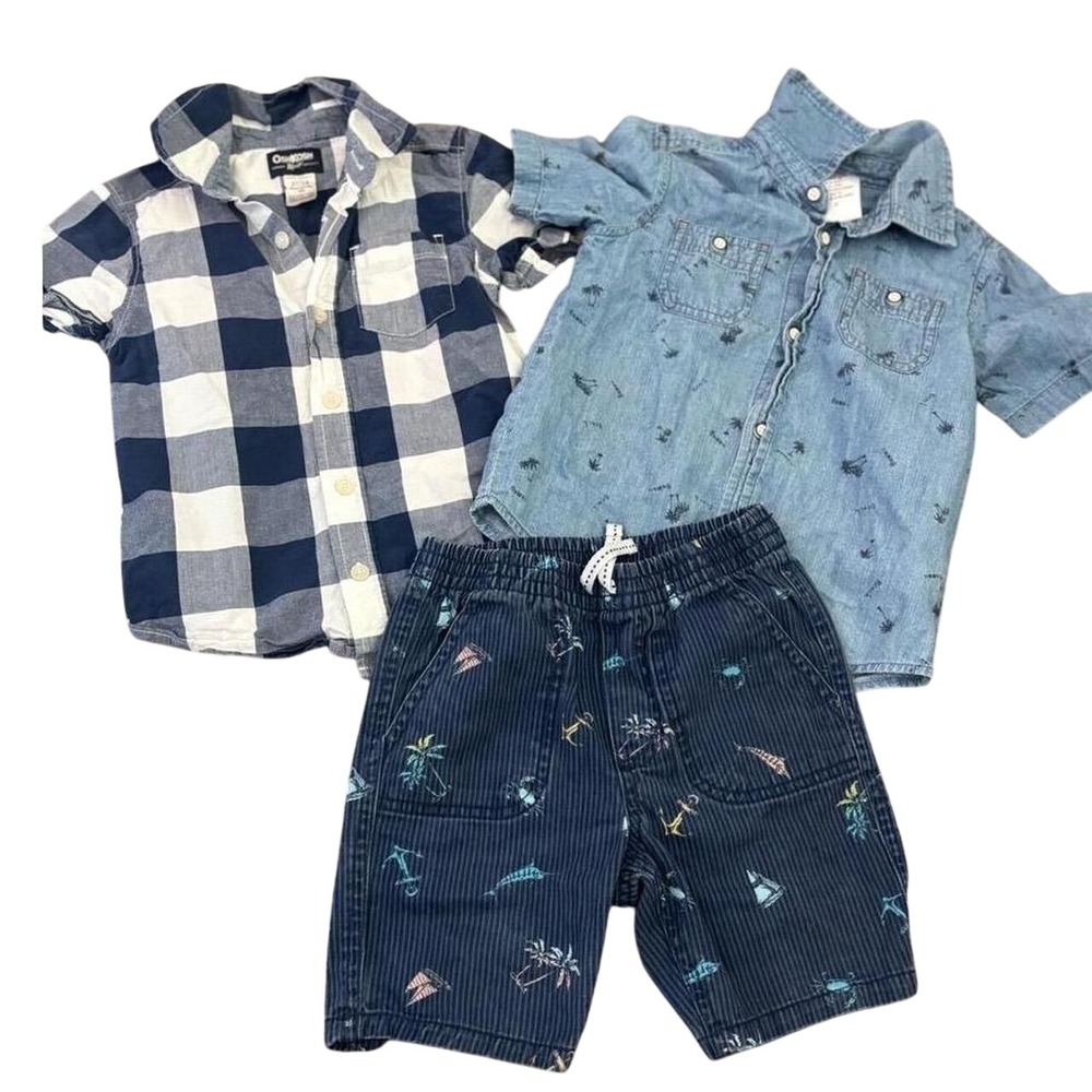 OshKosh Nautica Toddler Boys 3T Bundle Plaid Denim Shirts Nautical Shorts 3pc